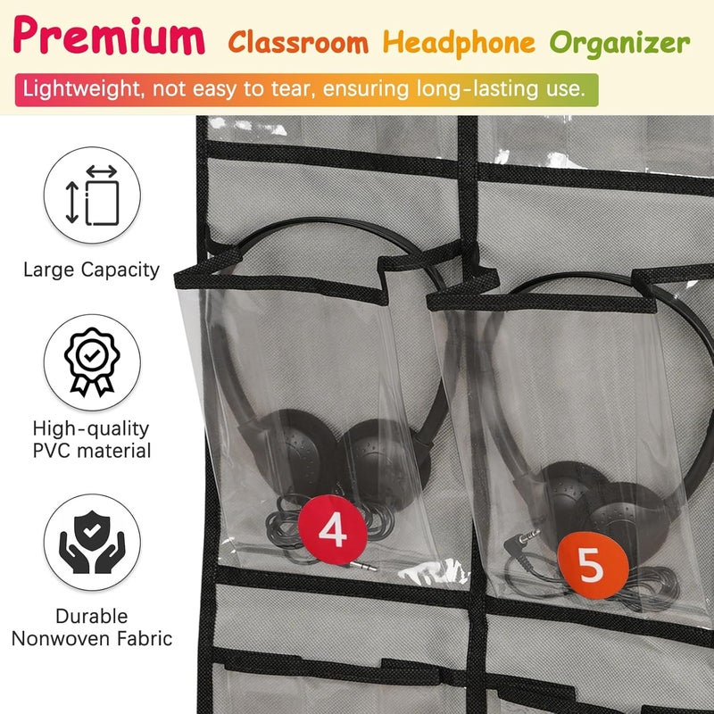 Olpchee 2 Pack Classroom Headphone Storage Organizer with 30 Pockets, PVC Clear Classroom Pocket Chart for Headphone Cell Phone Over-the-Door Hanging Headphone Holder Bag with 62 Labels(Grey) - Image 5